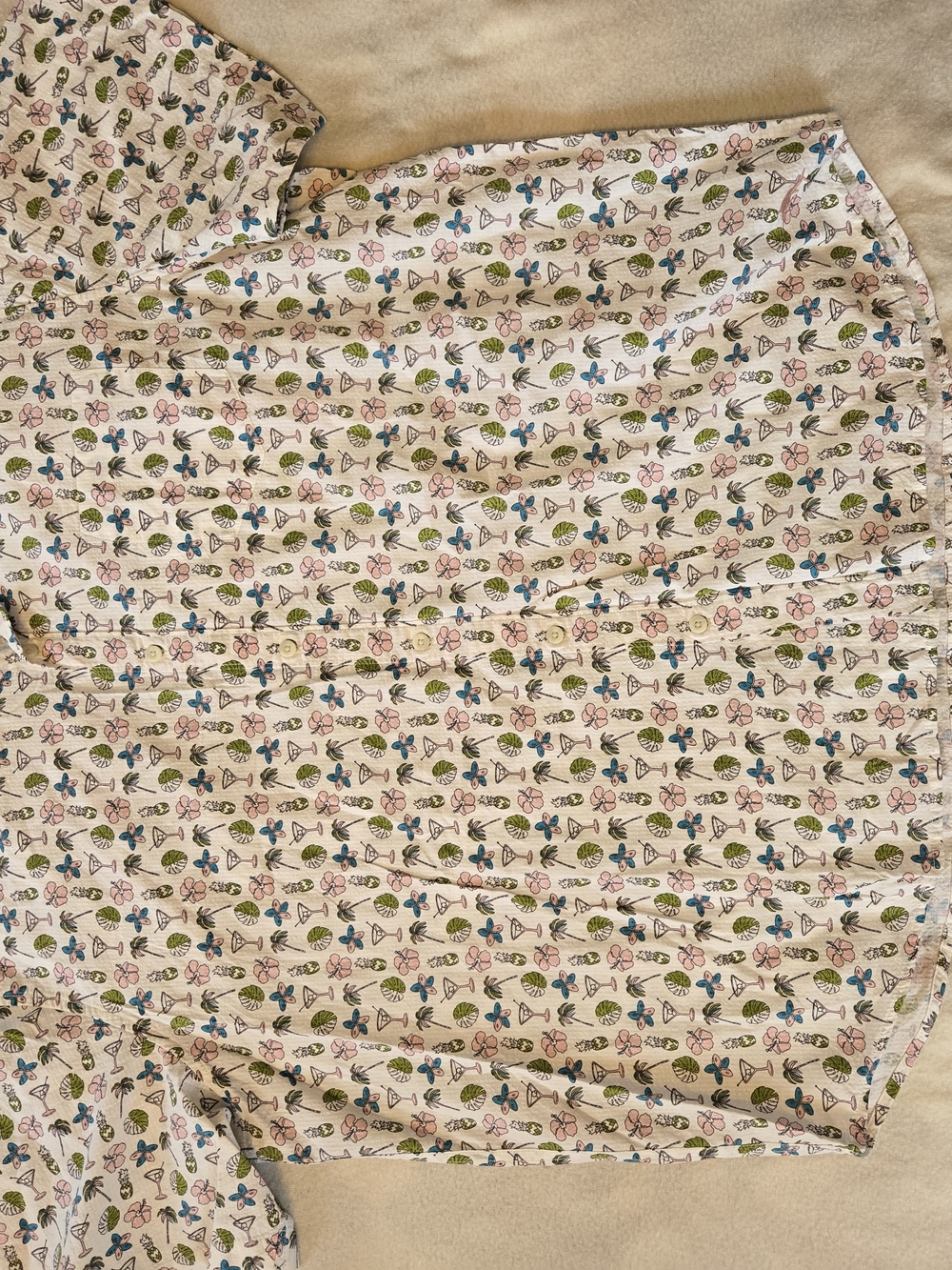 Tommy Bahama Cream Button-Up with Pink Flowers, Green Leaves & Blue Martinis